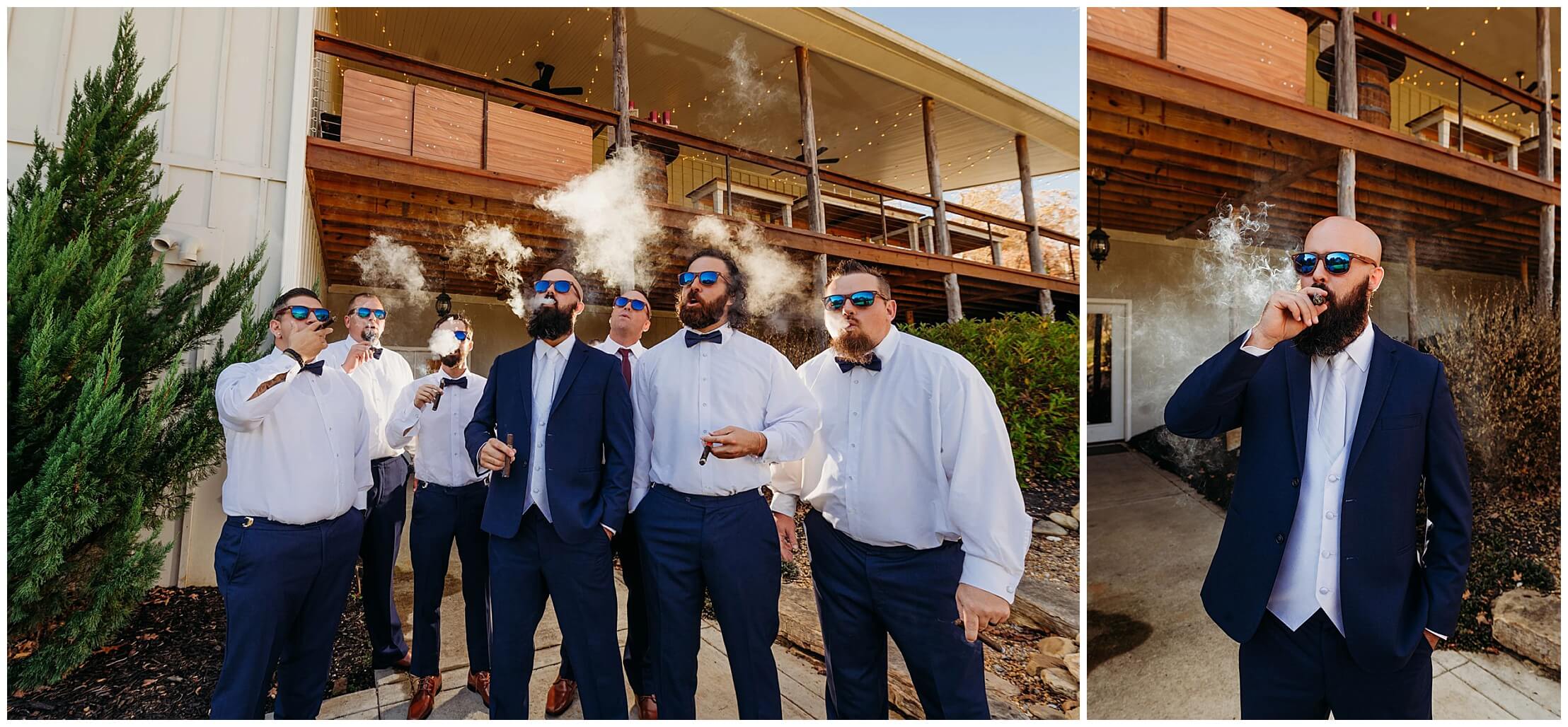 Groom and groomsmen smoking outside of wedding venue