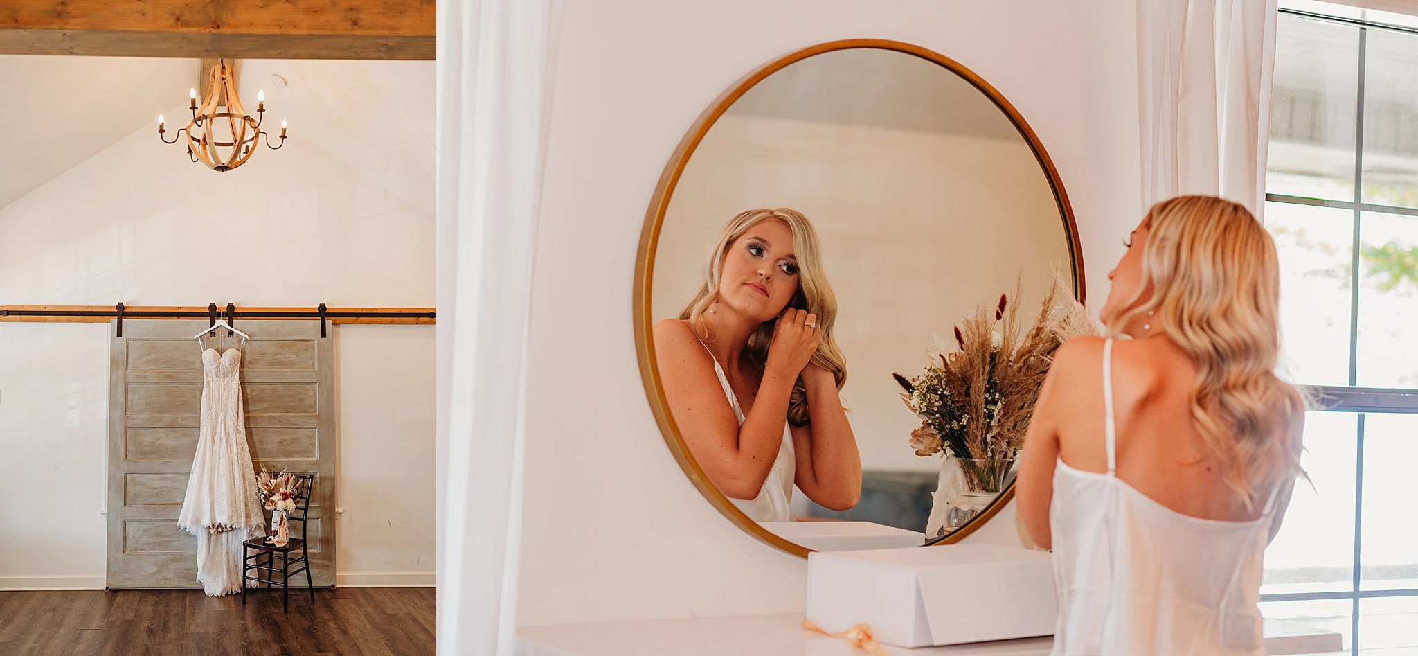 collage of photos with dress hanging in front of wooden doors and a bouquet on a chair. Next photo is a blonde bride putting in earrings in front of a round mirror